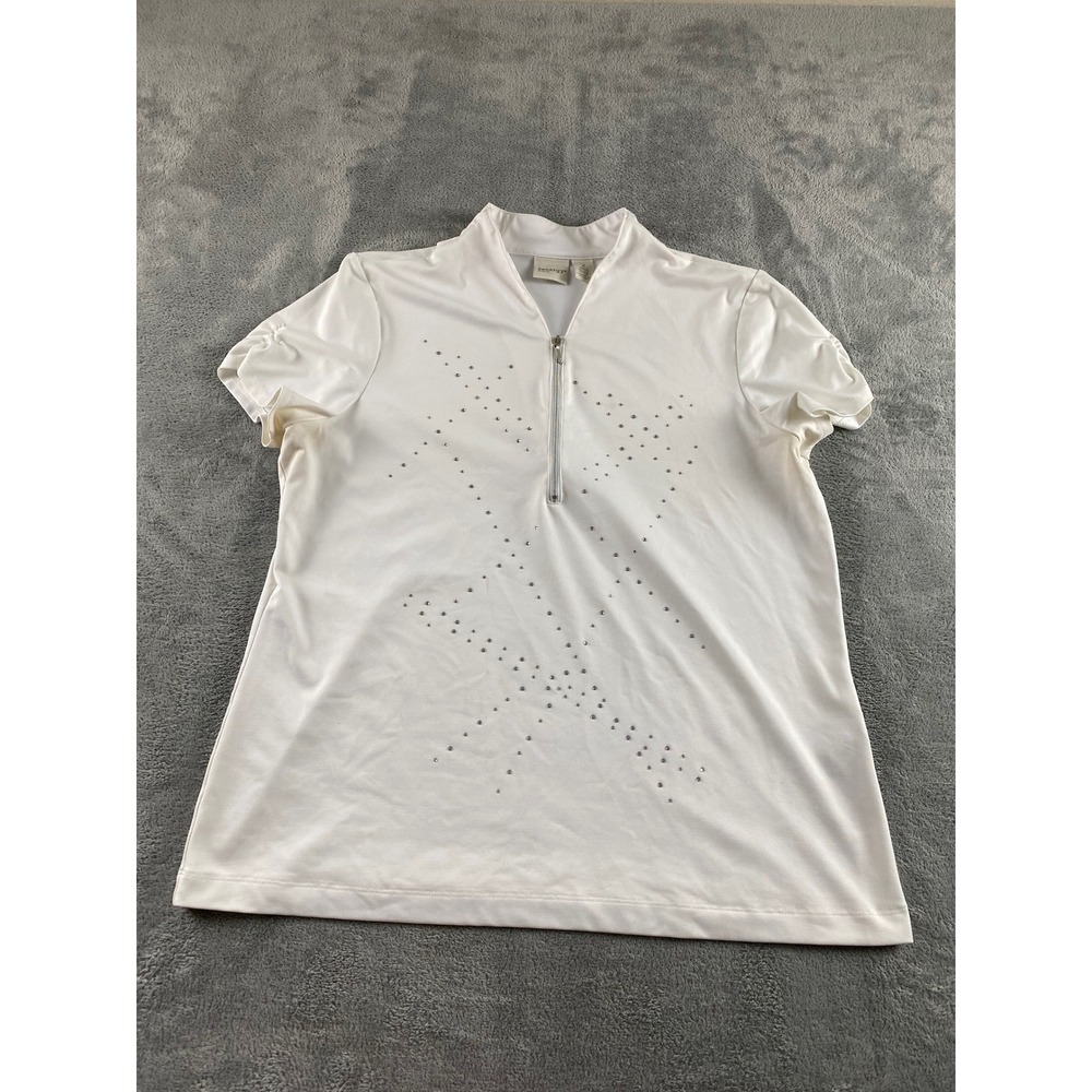 Zenergy by Chico's White Quarter Zip Rhinestone Short Sleeve Top Womens Size 2